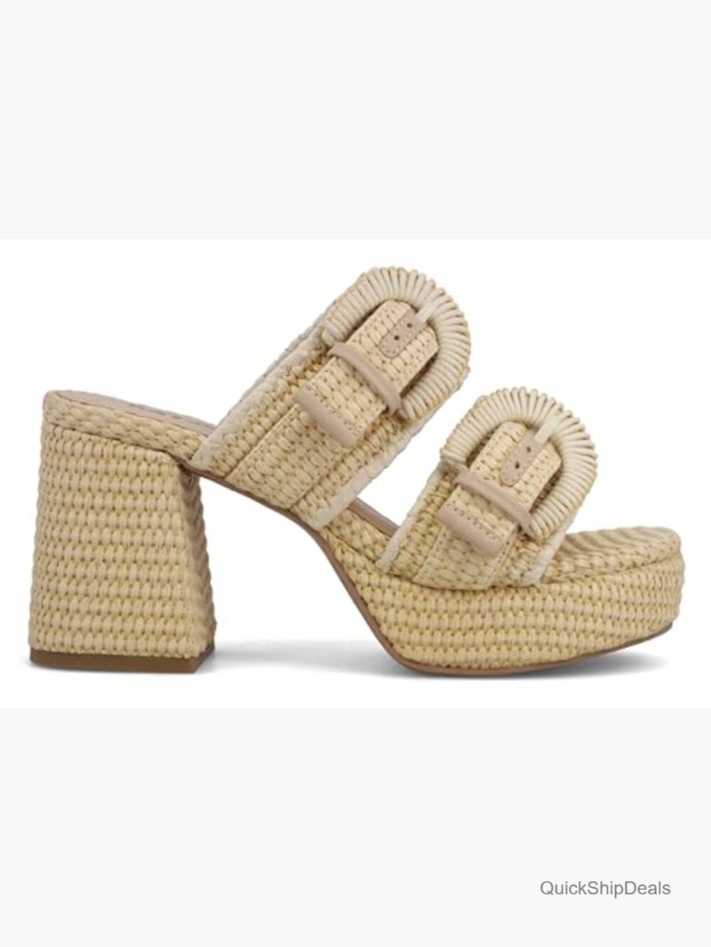 Women's Heeled Sandals Platform Block Heel Raffia Vegan Leather 3.7in - Picture 4 of 7